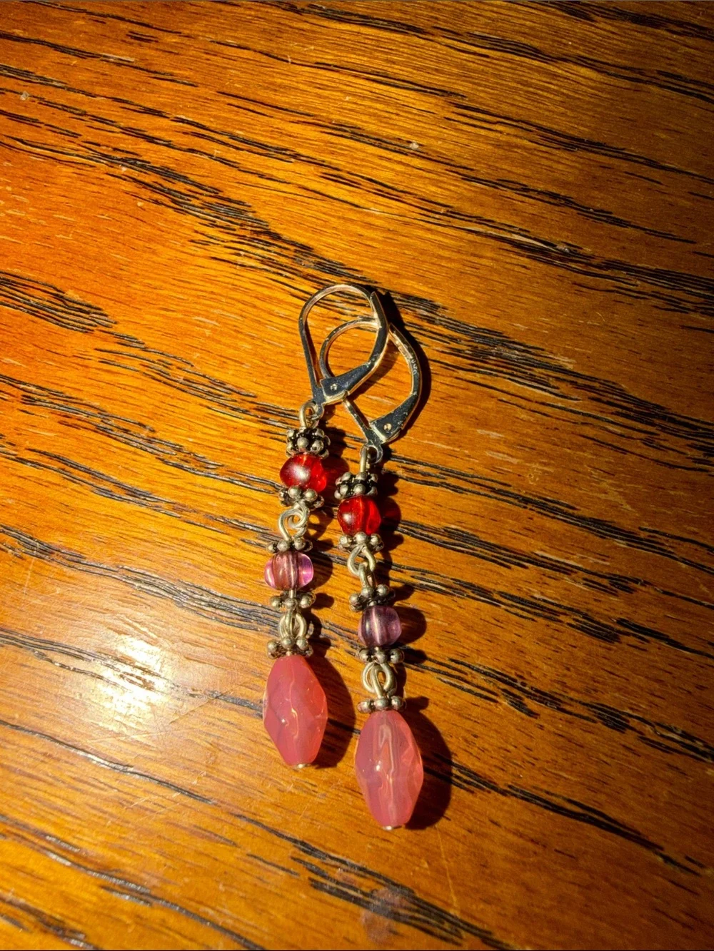 Handcrafted Pink and Red Beaded Drop Earrings